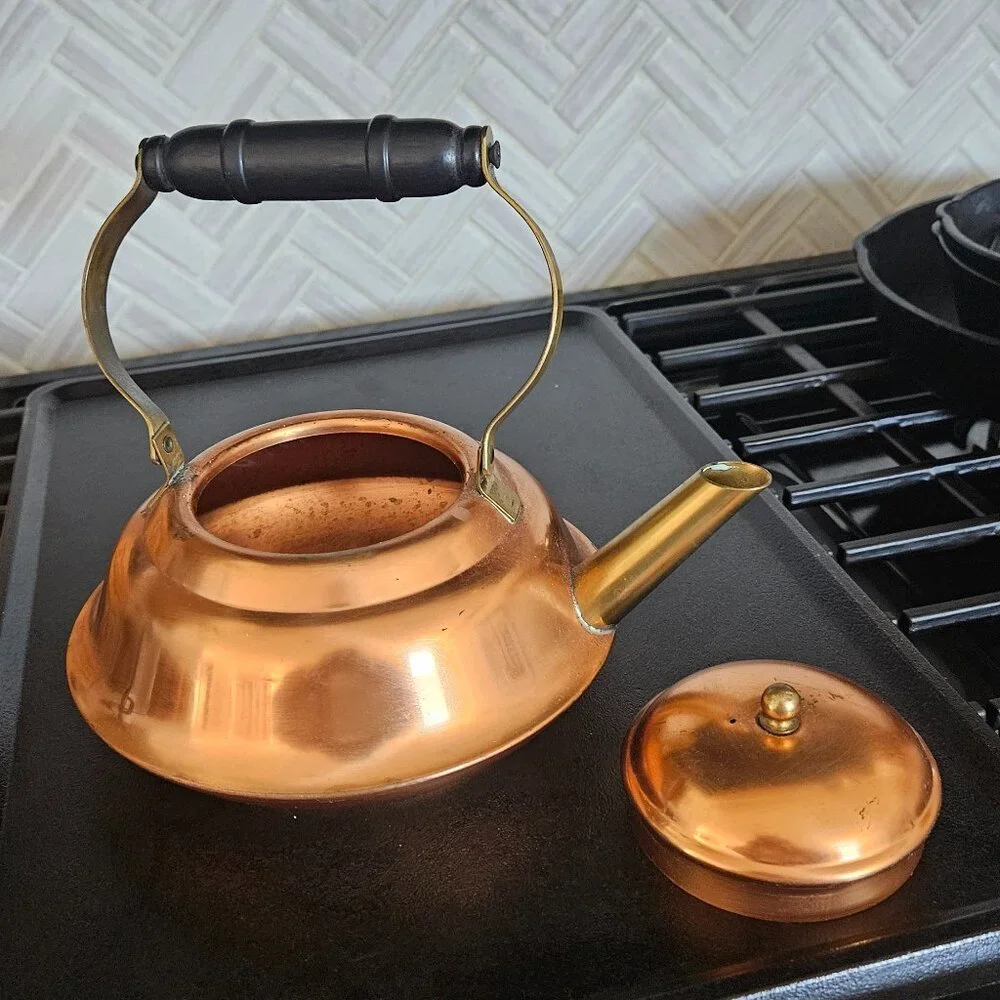 Coppercraft Guild Copper Tea Kettle w/Wrought Iron Warming Stand, vintage 70s